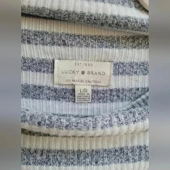 Lucky Brand Women Sweater Large White Gray Striped Lightweight Tunic Oversized - Picture 2 of 5